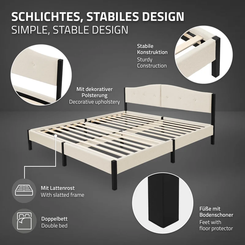 Polsterbett 180x200 cm, Beige, Doppelbett mit stabilem Bettgestell, Bett mit gepolstertes Kopfteil & Lattenrost, Jugendbett ML-Design
