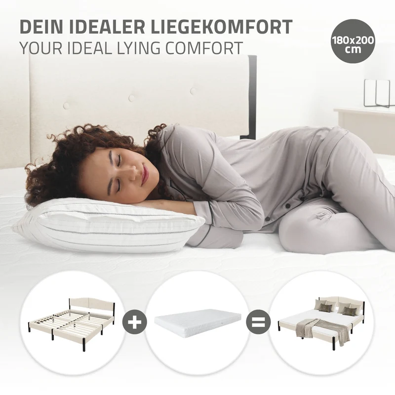 Polsterbett 180x200 cm, Beige, Doppelbett mit stabilem Bettgestell, Bett mit gepolstertes Kopfteil & Lattenrost, Jugendbett ML-Design