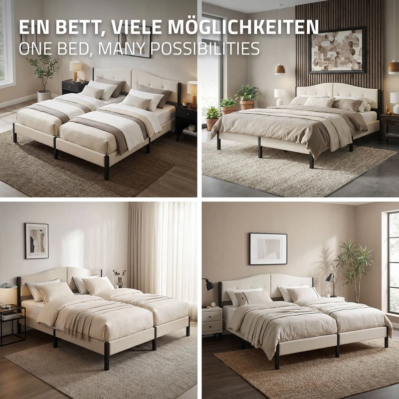 Polsterbett 180x200 cm, Beige, Doppelbett mit stabilem Bettgestell, Bett mit gepolstertes Kopfteil & Lattenrost, Jugendbett ML-Design