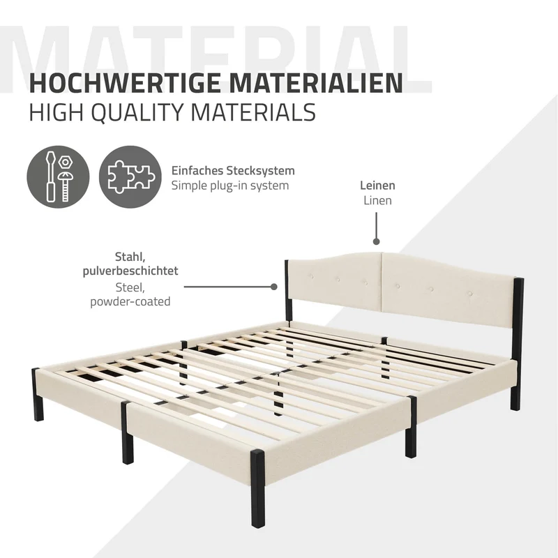 Polsterbett 180x200 cm, Beige, Doppelbett mit stabilem Bettgestell, Bett mit gepolstertes Kopfteil & Lattenrost, Jugendbett ML-Design