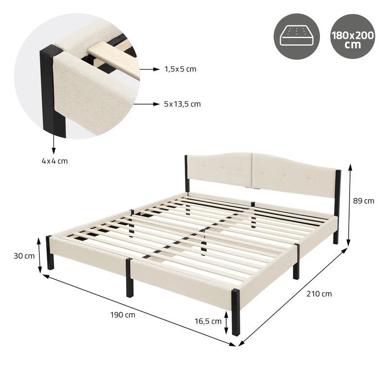 Polsterbett 180x200 cm, Beige, Doppelbett mit stabilem Bettgestell, Bett mit gepolstertes Kopfteil & Lattenrost, Jugendbett ML-Design