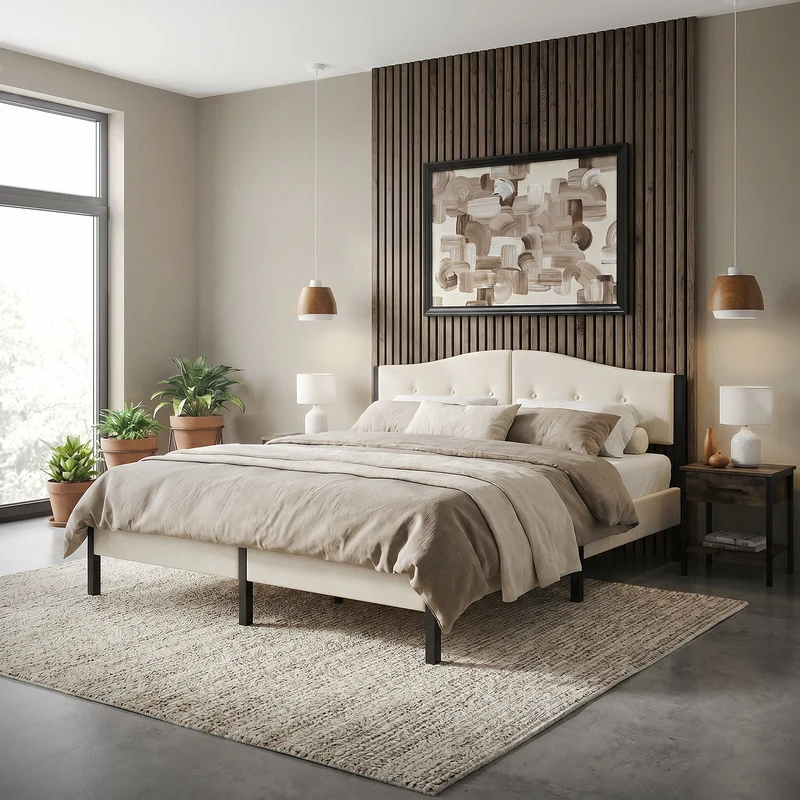 Polsterbett 180x200 cm, Beige, Doppelbett mit stabilem Bettgestell, Bett mit gepolstertes Kopfteil & Lattenrost, Jugendbett ML-Design