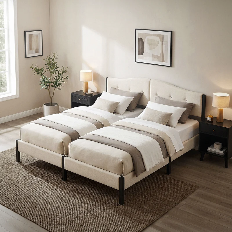 Polsterbett 180x200 cm, Beige, Doppelbett mit stabilem Bettgestell, Bett mit gepolstertes Kopfteil & Lattenrost, Jugendbett ML-Design