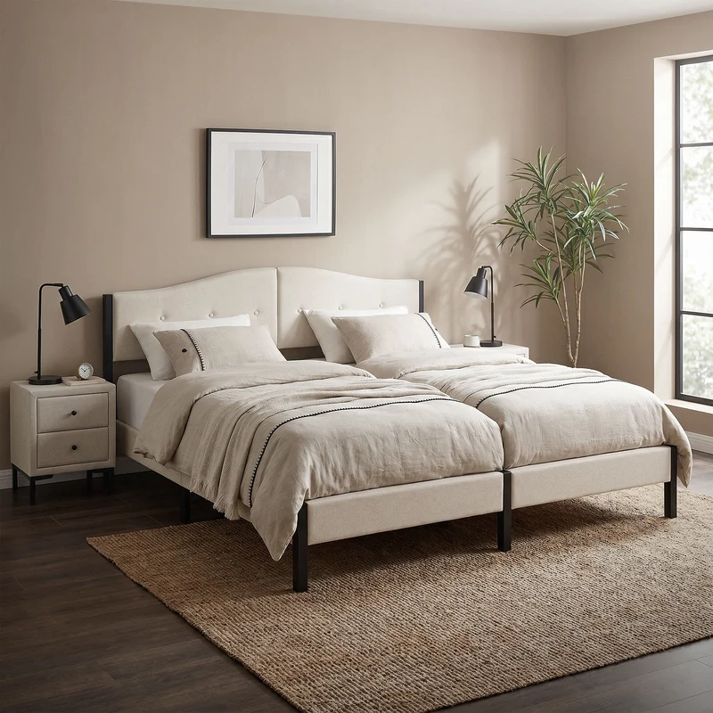 Polsterbett 180x200 cm, Beige, Doppelbett mit stabilem Bettgestell, Bett mit gepolstertes Kopfteil & Lattenrost, Jugendbett ML-Design
