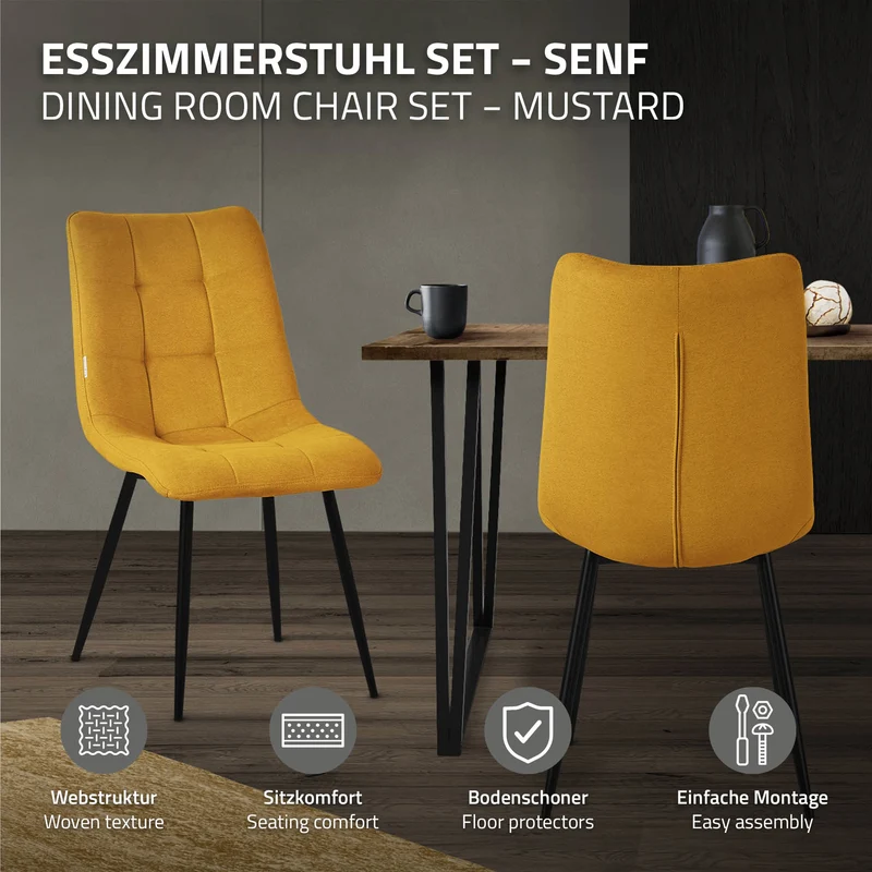 Esszimmerstühle 4er Set Senfgelb Küchenstuhl mit Polyesterbezug und Stahlbeinen ML-Design