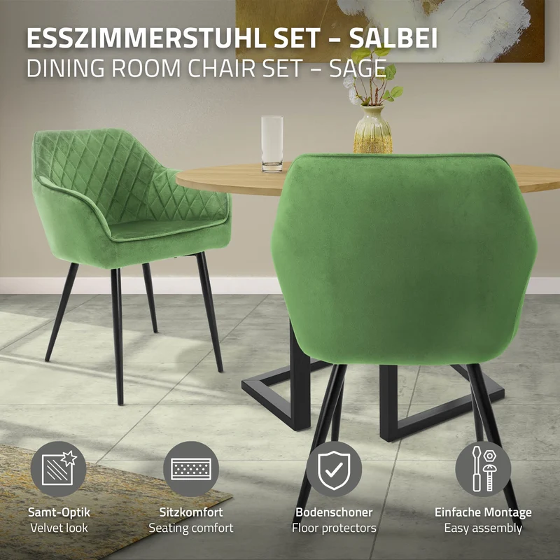 Esszimmerstuhl 6er Set Rauten Steppung mit Rücken- und Armlehnen Salbei Küchenstuhl mit Microfaser-Samtbezug ML-Design
