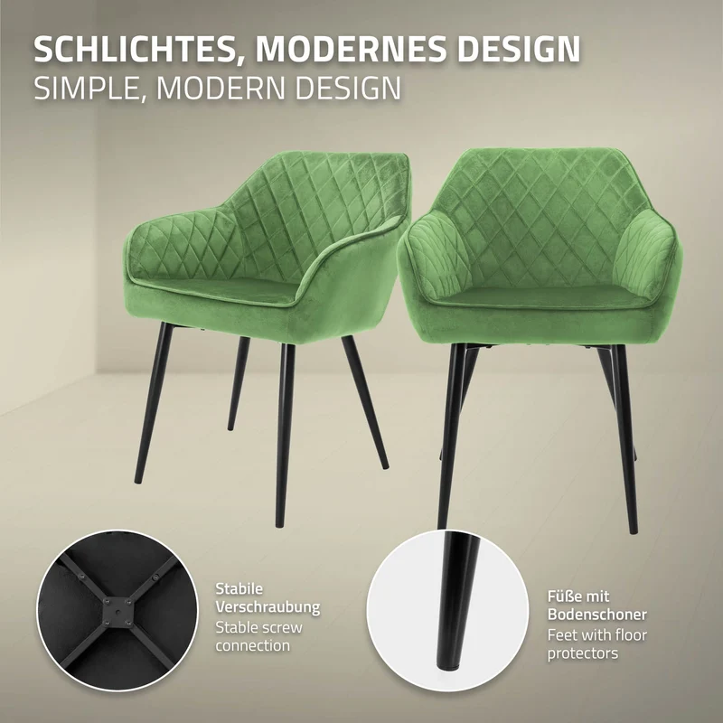 Esszimmerstuhl 6er Set Rauten Steppung mit Rücken- und Armlehnen Salbei Küchenstuhl mit Microfaser-Samtbezug ML-Design