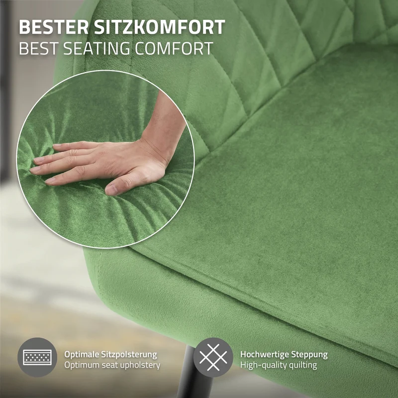 Esszimmerstuhl 6er Set Rauten Steppung mit Rücken- und Armlehnen Salbei Küchenstuhl mit Microfaser-Samtbezug ML-Design