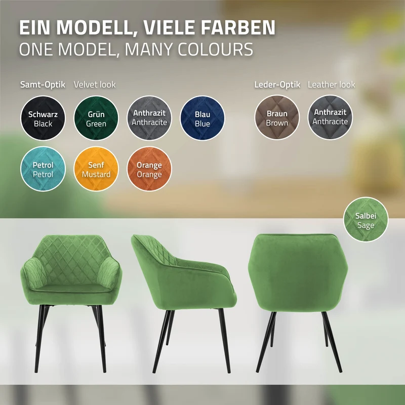 Esszimmerstuhl 6er Set Rauten Steppung mit Rücken- und Armlehnen Salbei Küchenstuhl mit Microfaser-Samtbezug ML-Design