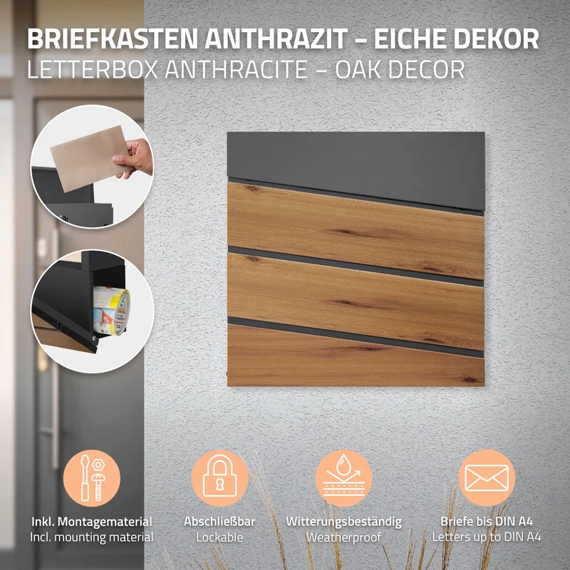 Standbriefkasten mit Zeitungsfach 37x37x11 cm Anthrazit/Holzoptik aus Stahl ML-Design, Modernes Diagonales Design, Standhöhe 120/170 cm Anthrazit