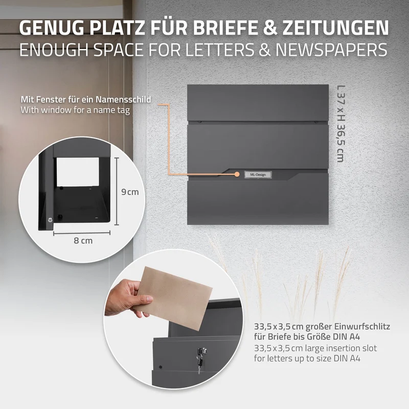Briefkasten mit Zeitungsfach 37x11x36,5 cm Anthrazit aus Edelstahl