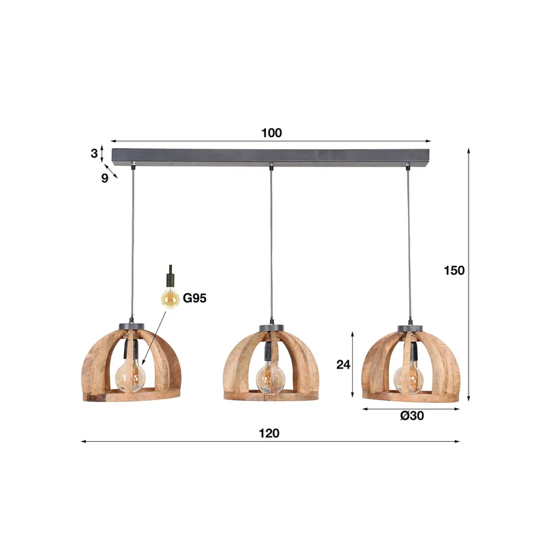 B-Ware Hängeleuchte Vesterland Mangoholz 3-flammig dimmbar 120 cm E27 IP20