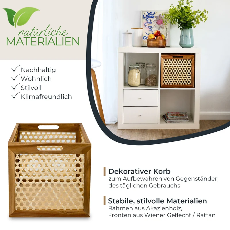 Kallax Rattan Korb mit Wiener Geflecht und Holzrahmen, 32 x 34 x 32cm