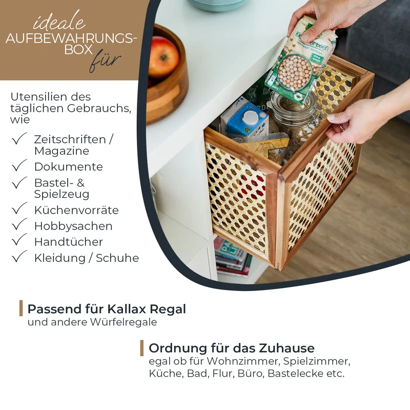Kallax Rattan Korb mit Wiener Geflecht und Holzrahmen, 32 x 34 x 32cm