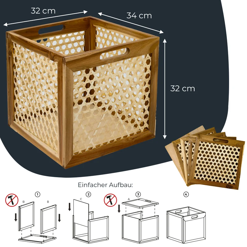Kallax Rattan Korb mit Wiener Geflecht und Holzrahmen, 32 x 34 x 32cm