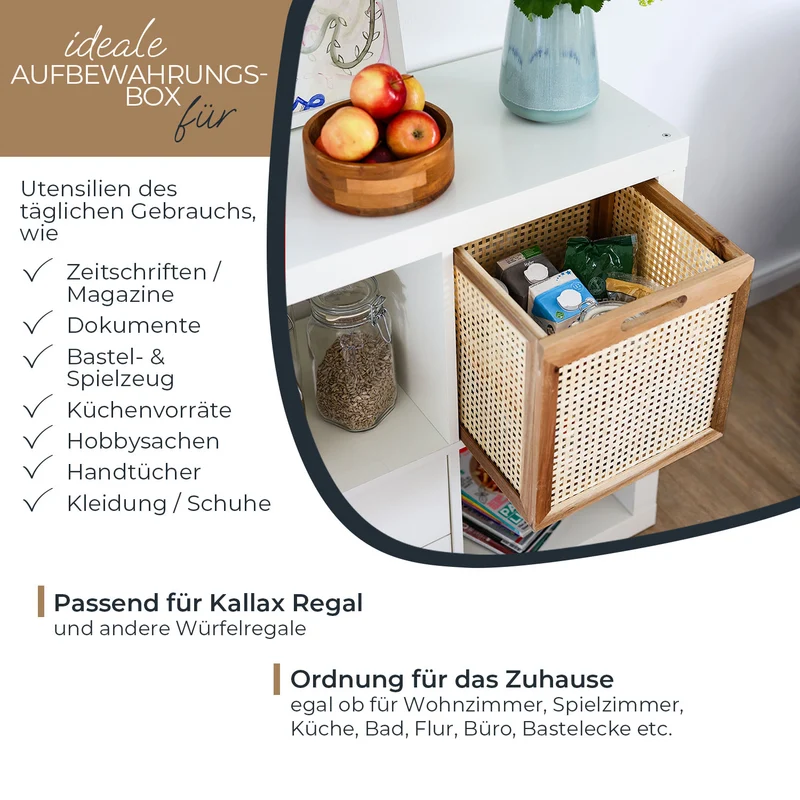 Kallax Rattan Korb mit Wiener Geflecht und Holzrahmen, 32 x 34 x 32cm