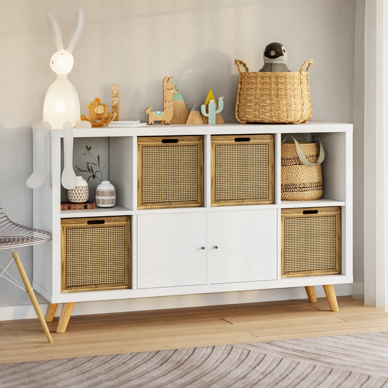 Kallax Rattan Korb mit Wiener Geflecht und Holzrahmen, 32 x 34 x 32cm