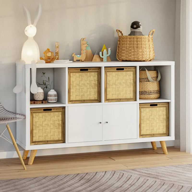 Kallax Rattan Korb mit Wiener Geflecht und Holzrahmen, 32 x 34 x 32cm