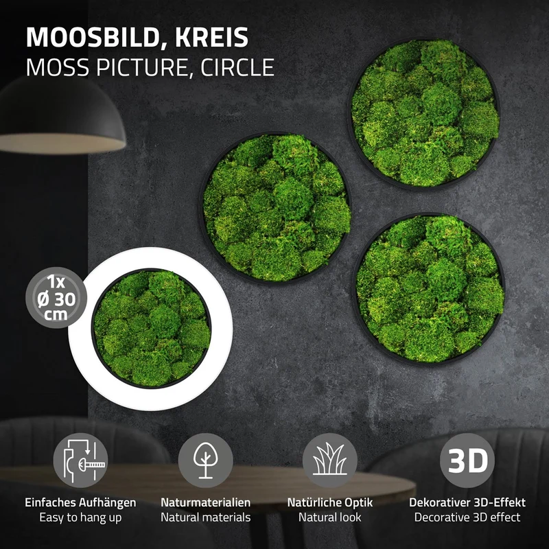 ECD GERMANY | Moosbild mit echtem Moos, Rund Ø 30/40/60 cm, Grün, Mooswand Indoor, Wanddeko mit Holzrahmen, Wandbild, Moos Deko für Haus & Büro