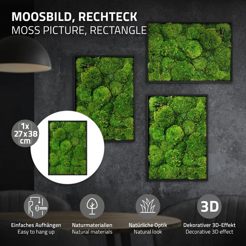 ECD GERMANY | Moosbild mit echtem Moos, Rechteck, 38x27 cm, Grün, Mooswand Indoor, Wanddeko mit Holzrahmen, Wandbild, Moos Deko für Haus & Büro