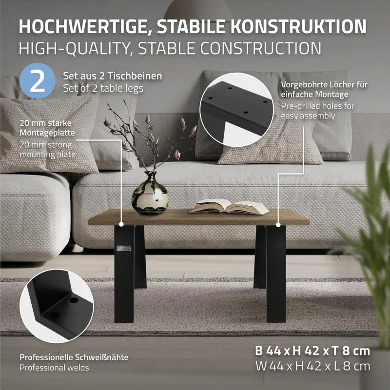 2er Set Tischkufen Bankkufen Loft 44x42 cm Schwarz Profil 8x2 cm Stahl U-Form ML-Design