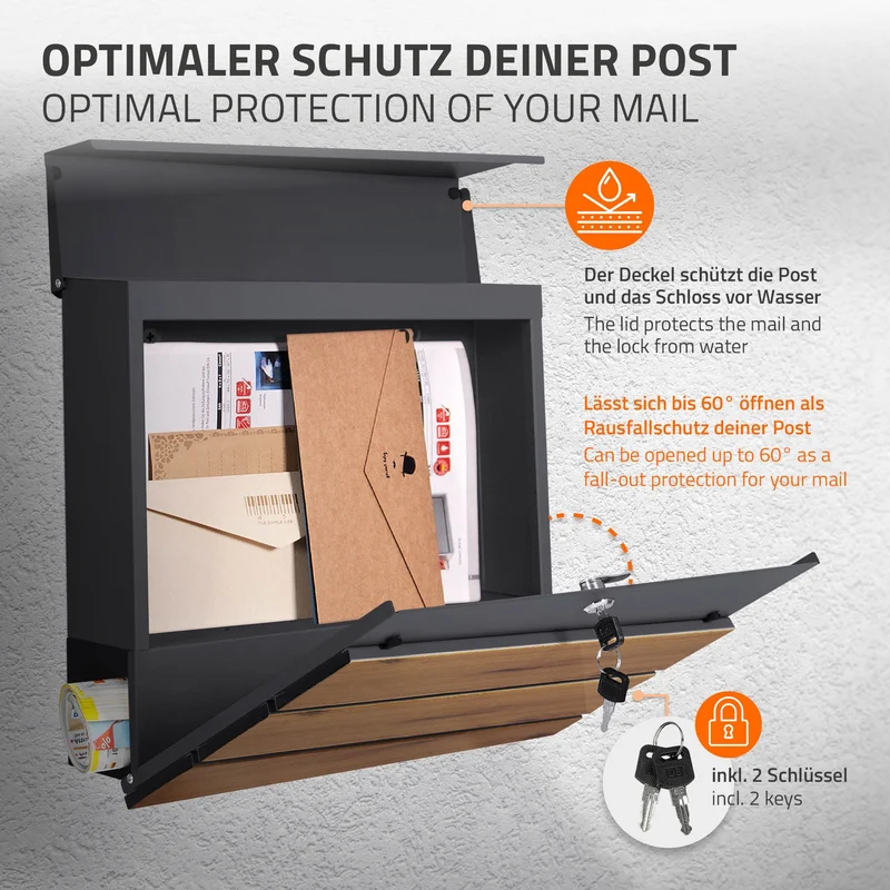 Briefkasten mit Zeitungsfach 37x37x11 cm Anthrazit/Holzoptik aus Stahl ML-Design