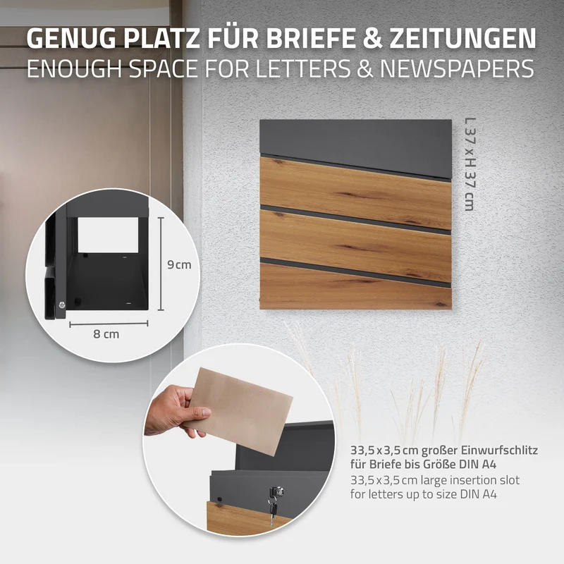 Briefkasten mit Zeitungsfach 37x37x11 cm Anthrazit/Holzoptik aus Stahl ML-Design