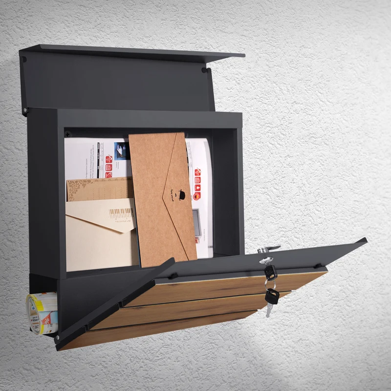 Briefkasten mit Zeitungsfach 37x37x11 cm Anthrazit/Holzoptik aus Stahl ML-Design