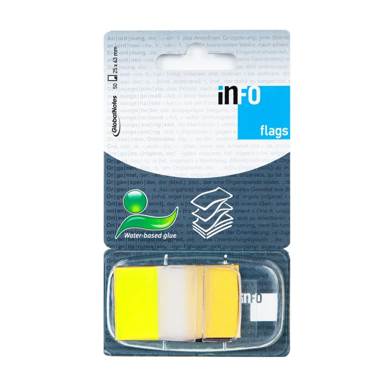 Selbstklebende Haftstreifen INFO FLAGS im Spender – 25 × 43 mm, 50 Blätter, Gelb