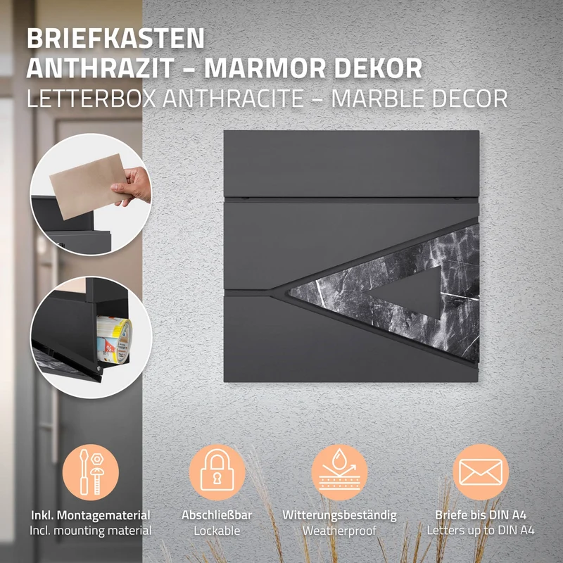Briefkasten mit Zeitungsfach 37x36,5x11 cm Anthrazit/Schwarz-Marmoroptik aus Stahl ML-Design, Modernes Dreieckiges Design