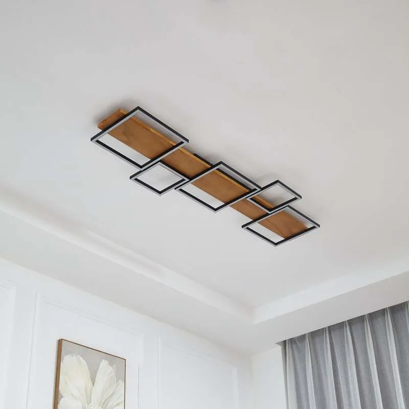 B-Ware Lindby Deckenlampe Deckenleuchte Galad LED Lampe dimmbar Holz schwarz 140cm