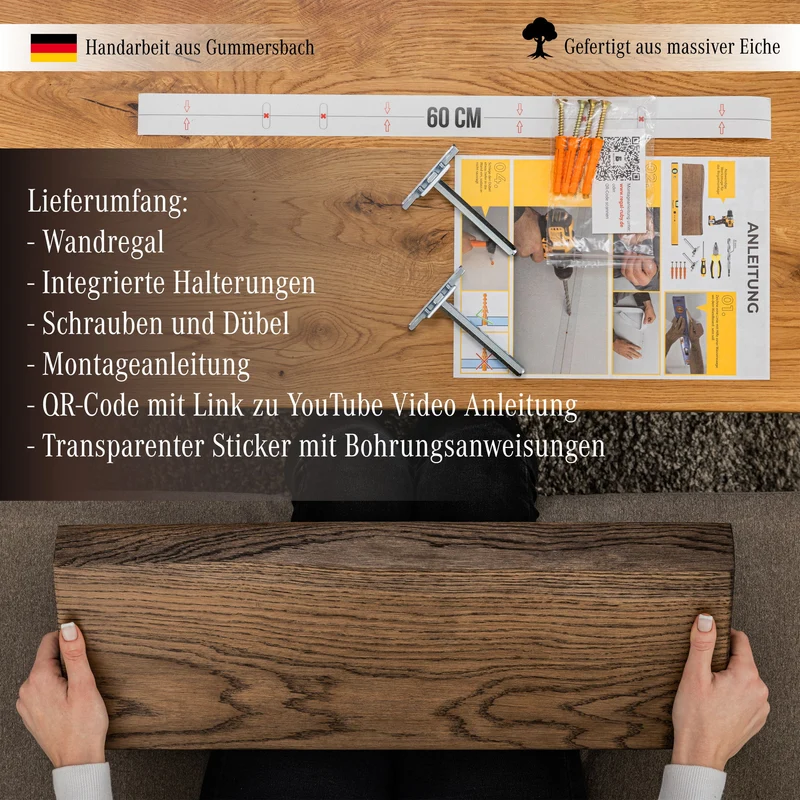 RESTPOSTEN Wandregal Eiche Baumkante – Modell Ruby Dunkel