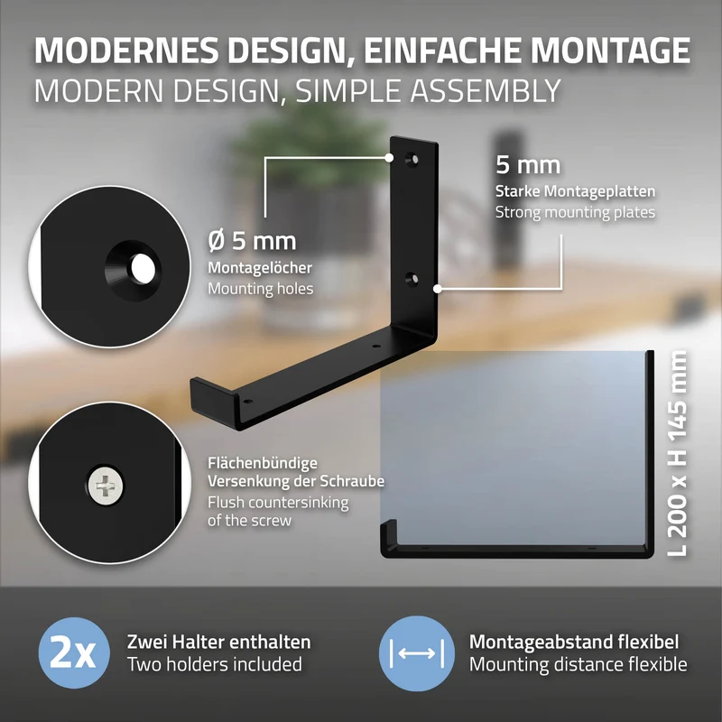 2er Set Wandkonsole Regalhalterung 2x 200 x 140 mm Schwarz aus Stahl ML-Design