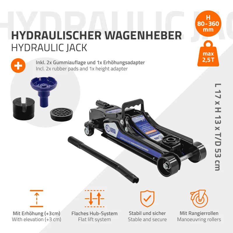 B-Ware Wagenheber hydraulisch 2,5T 80-360 mm inkl. 2x Gummiauflage & SUV-Adapter