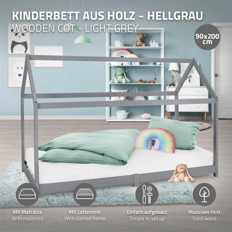 Kinderbett Hausbett 90x200 cm Hellgrau aus Kiefernholz inkl. Matratze H-16cm Holzbett mit Dach und Lattenrost ML-Design