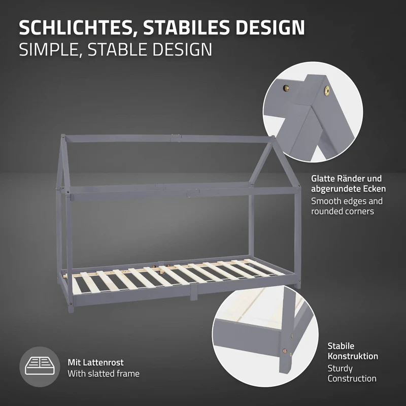 Kinderbett Hausbett 90x200 cm Hellgrau aus Kiefernholz inkl. Matratze H-16cm Holzbett mit Dach und Lattenrost ML-Design