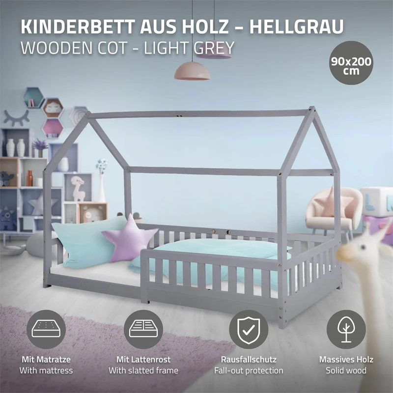 Kinderbett Hausbett 90x200 cm Hellgrau aus Kiefernholz inkl. Matratze H-16cm Rausfallschutz Dach und Lattenrost ML-Design