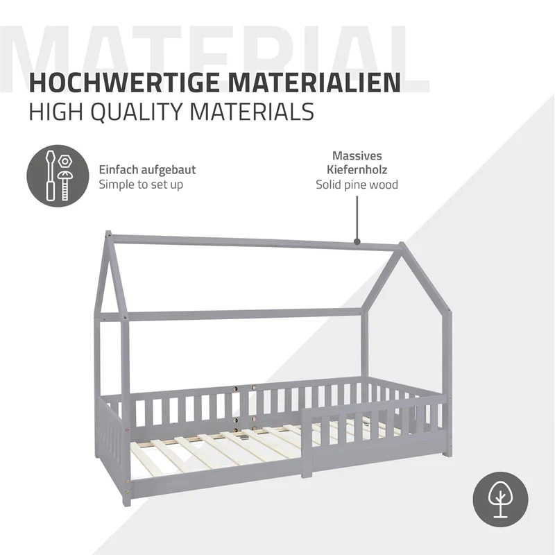 Kinderbett Hausbett 90x200 cm Hellgrau aus Kiefernholz inkl. Matratze H-16cm Rausfallschutz Dach und Lattenrost ML-Design