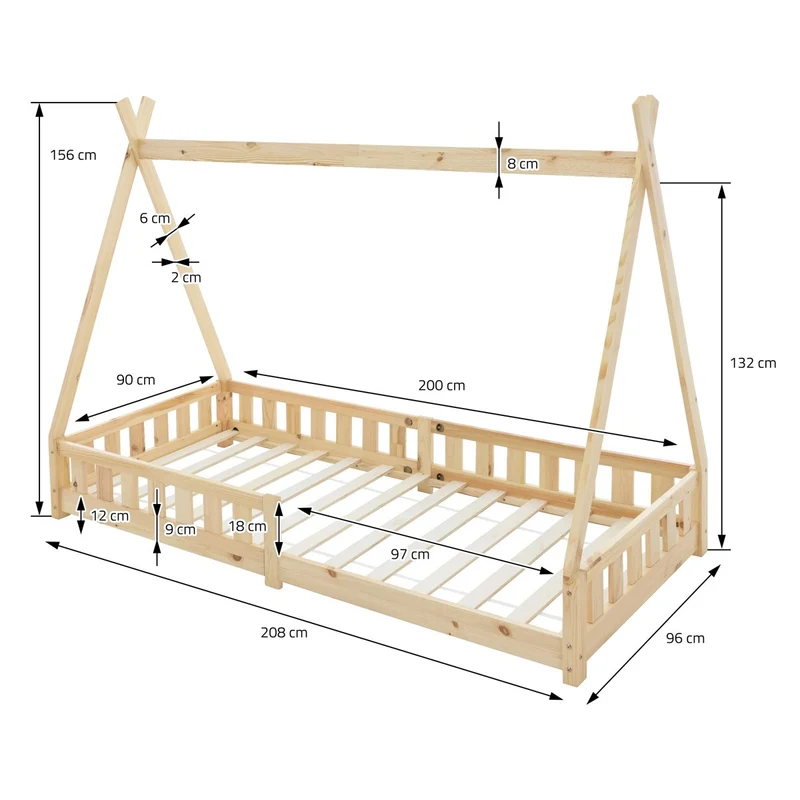 Kinderbett Tipi 90x200 cm aus Kiefernholz inkl. Matratze H-16cm Rausfallschutz und Lattenrost ML-Design