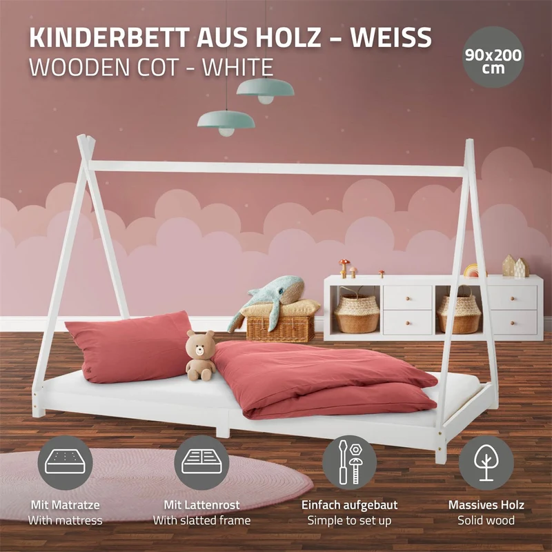 Kinderbett Tipi 90x200 cm Weiß aus Kiefernholz inkl. Matratze H-16cm Holzbett mit Lattenrost ML-Design