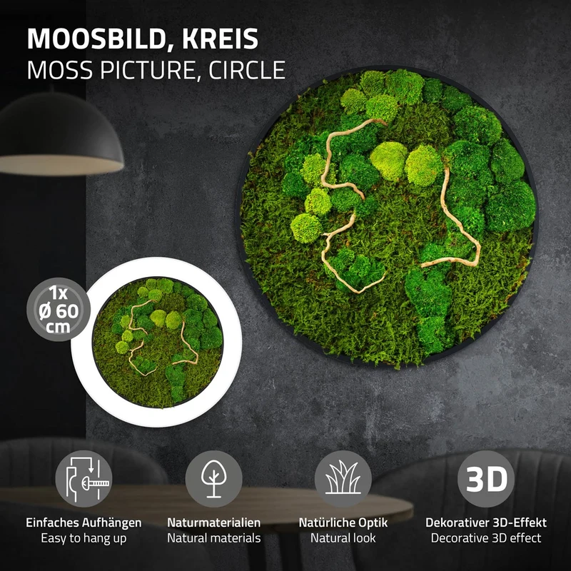 ECD GERMANY | Moosbild mit echtem Kugel- und Flachmoos-Mix & Ästen Rund Ø60 cm Grün Mooswand Indoor Wanddeko mit Holzrahmen Wandbild für Haus und Büro