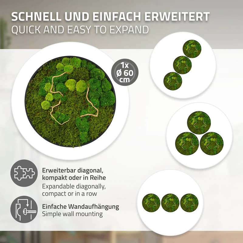 ECD GERMANY | Moosbild mit echtem Kugel- und Flachmoos-Mix & Ästen Rund Ø60 cm Grün Mooswand Indoor Wanddeko mit Holzrahmen Wandbild für Haus und Büro