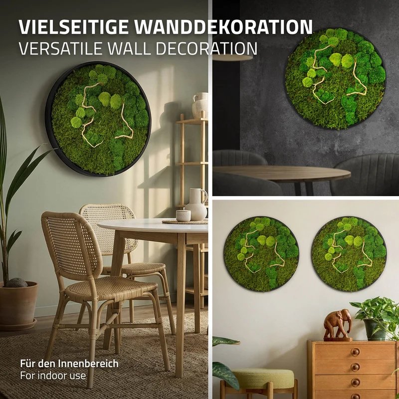 ECD GERMANY | Moosbild mit echtem Kugel- und Flachmoos-Mix & Ästen Rund Ø60 cm Grün Mooswand Indoor Wanddeko mit Holzrahmen Wandbild für Haus und Büro