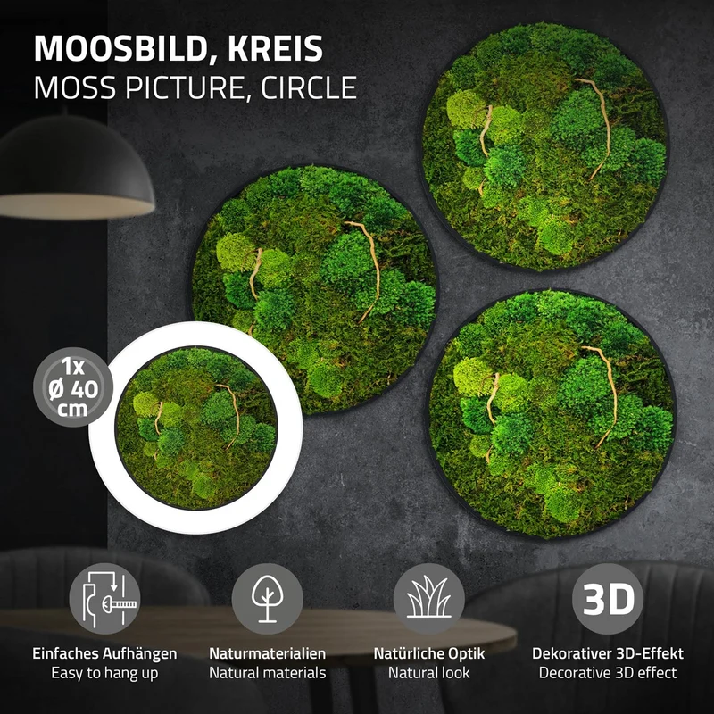 ECD GERMANY | Moosbild mit echtem Kugel- und Flachmoos-Mix & Ästen Rund Ø40 cm Grün Mooswand Indoor Wanddeko mit Holzrahmen Wandbild für Haus und Büro