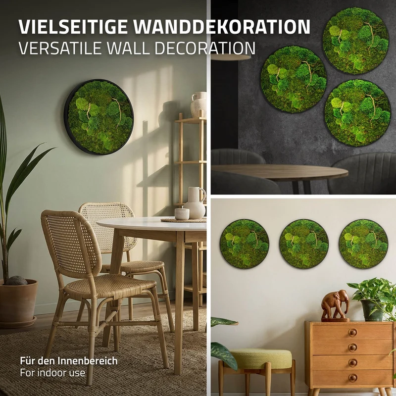 ECD GERMANY | Moosbild mit echtem Kugel- und Flachmoos-Mix & Ästen Rund Ø40 cm Grün Mooswand Indoor Wanddeko mit Holzrahmen Wandbild für Haus und Büro