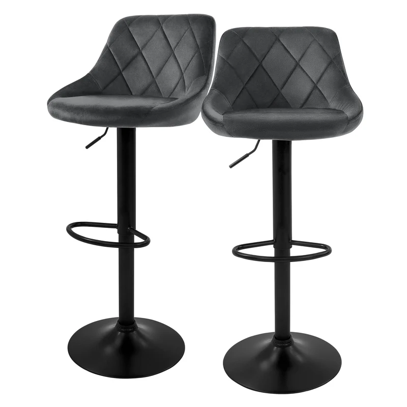 B-Ware Barhocker 2er Set Grau Samtbezug mit Rückenlehne und Fußstütze höhenverstellbar 62-82cm ML-Design