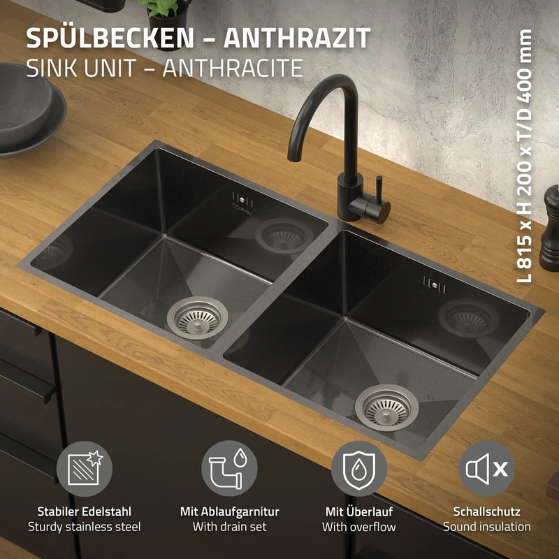 Einbauspüle mit Doppelbecken Anthrazit Küchenspüle mit Ab- und Überlaufgarnitur aus Edelstahl ML-Design