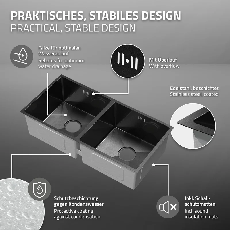Einbauspüle mit Doppelbecken Anthrazit Küchenspüle mit Ab- und Überlaufgarnitur aus Edelstahl ML-Design