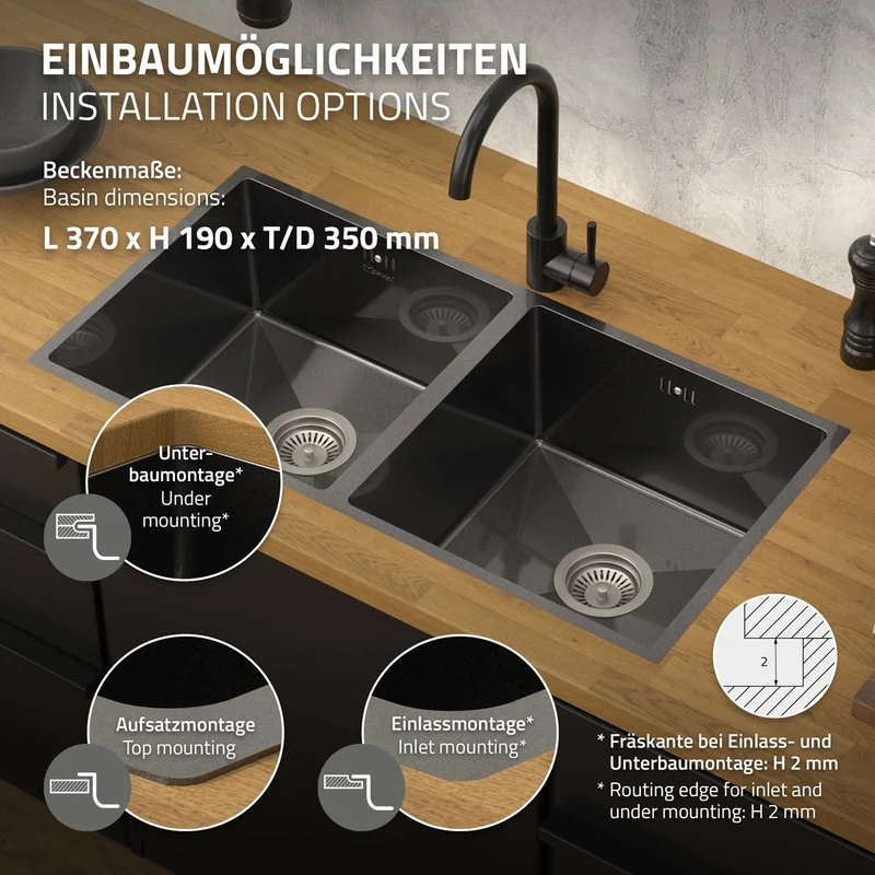 Einbauspüle mit Doppelbecken Anthrazit Küchenspüle mit Ab- und Überlaufgarnitur aus Edelstahl ML-Design