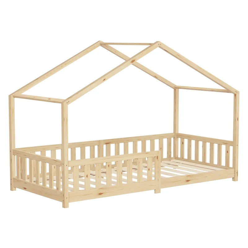 B-Ware Kinderbett Hausbett 90x200 cm Natur aus Kiefernholz Holzbett mit Rausfallschutz und Lattenrost ML-Design